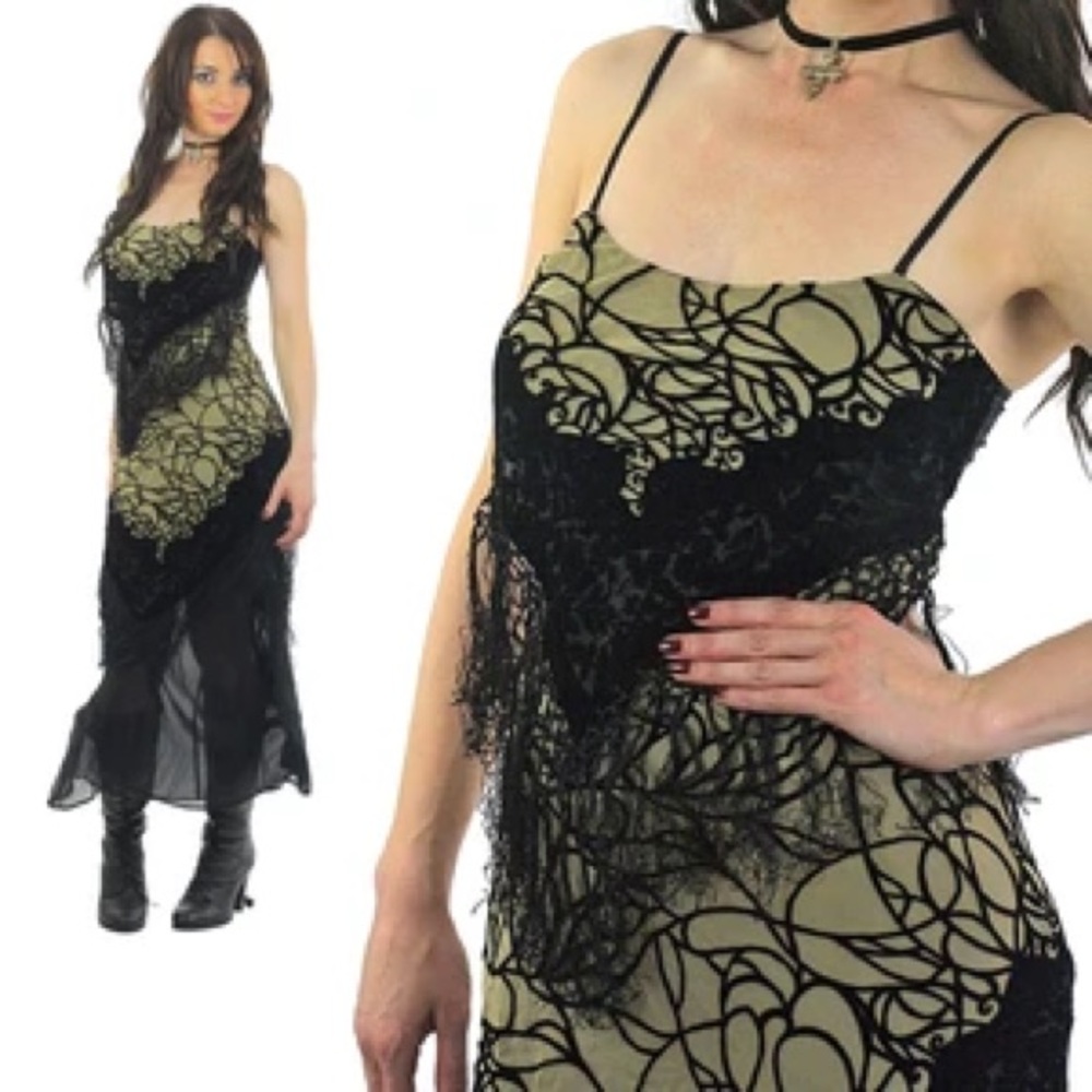 AUTHENTIC VINTAGE 90S VELVET BURNOUT DRESS SHEER LACE FRINGE GRUNGE GOTH S